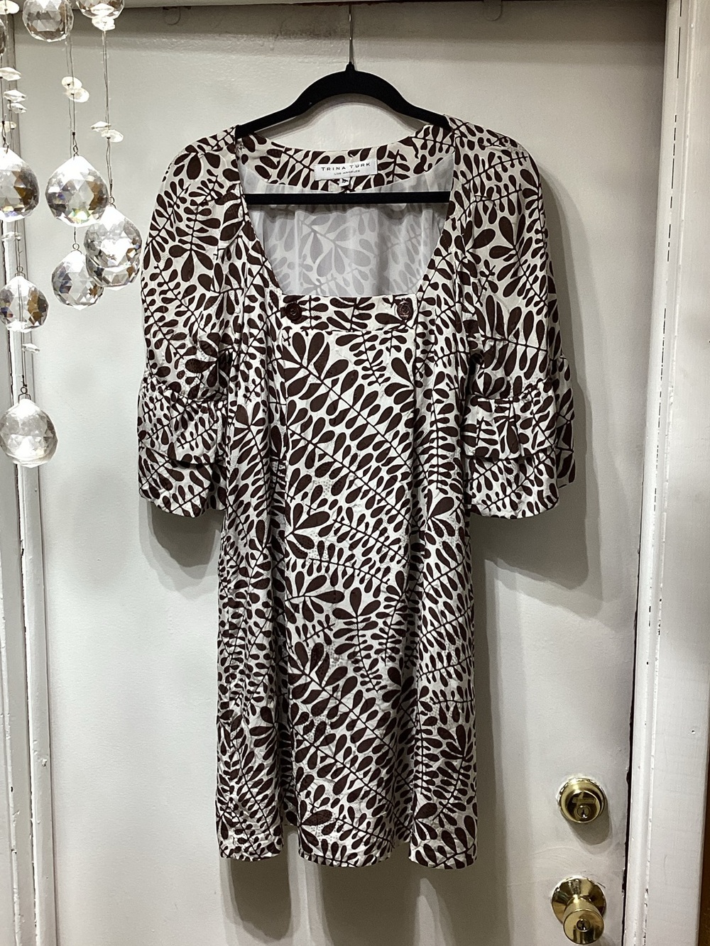 Trina Turk Brown & White Square-Neck Printed Dress